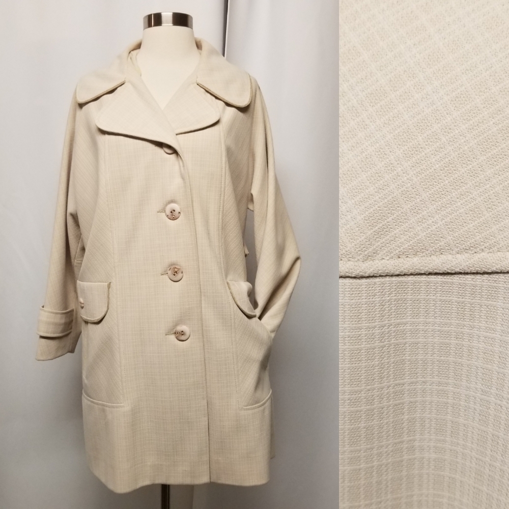 Vintage 70s Beige Neutral Cream Plaid Longline Blazer Midi Trench Pea Coat Lg‎